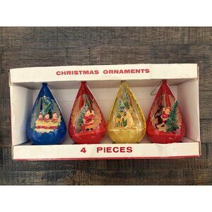 Vintage Christmas Jewel Brite Nativity Plastic Diorama Tear Drop Ornaments Santa